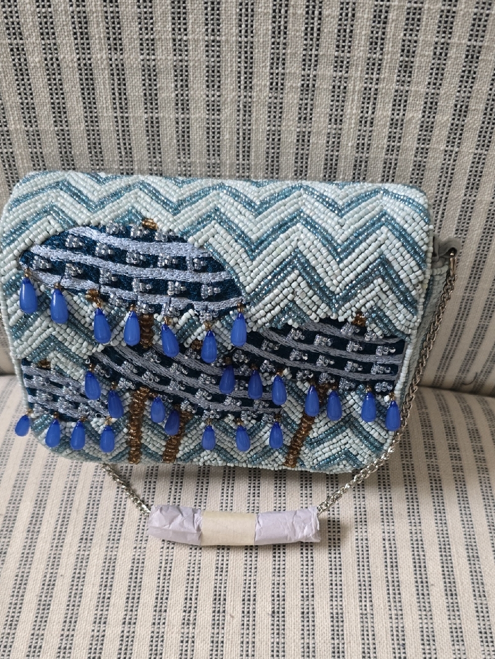 Beaded Blue Chevron Evening Crossbody Bag